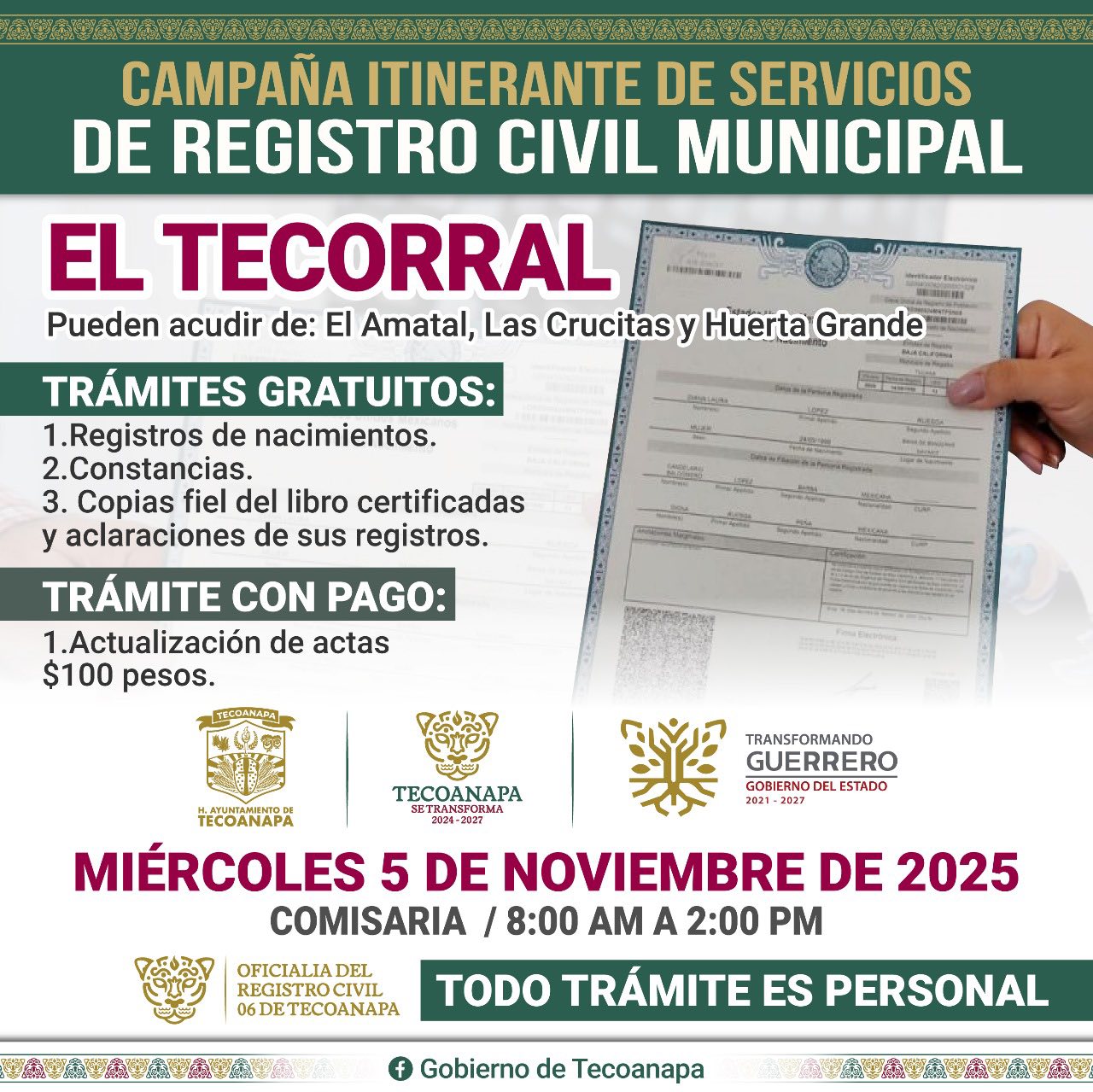 El Tecorral - Campaña Itinerante de Servicios del Registro Civil Municipal en Comunidades